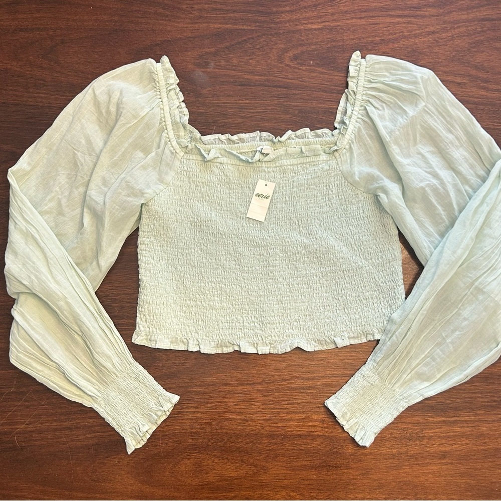 Aerie Light Green Smocked Blouse